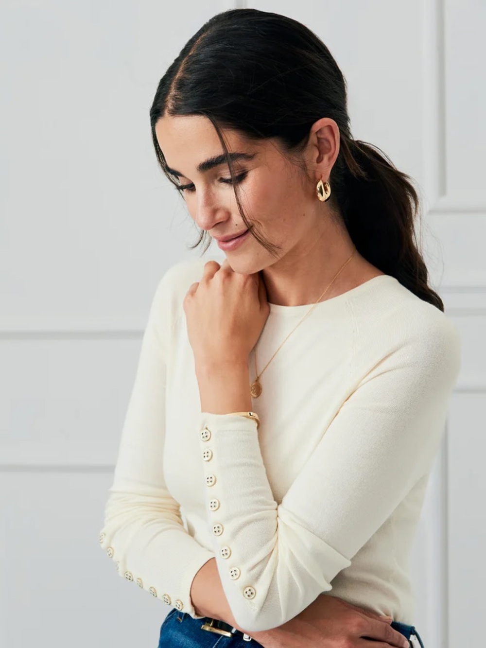 J. McLaughlin Jamey Sweater Ivory Cotton Modal Button Cuff Crewneck Size Large